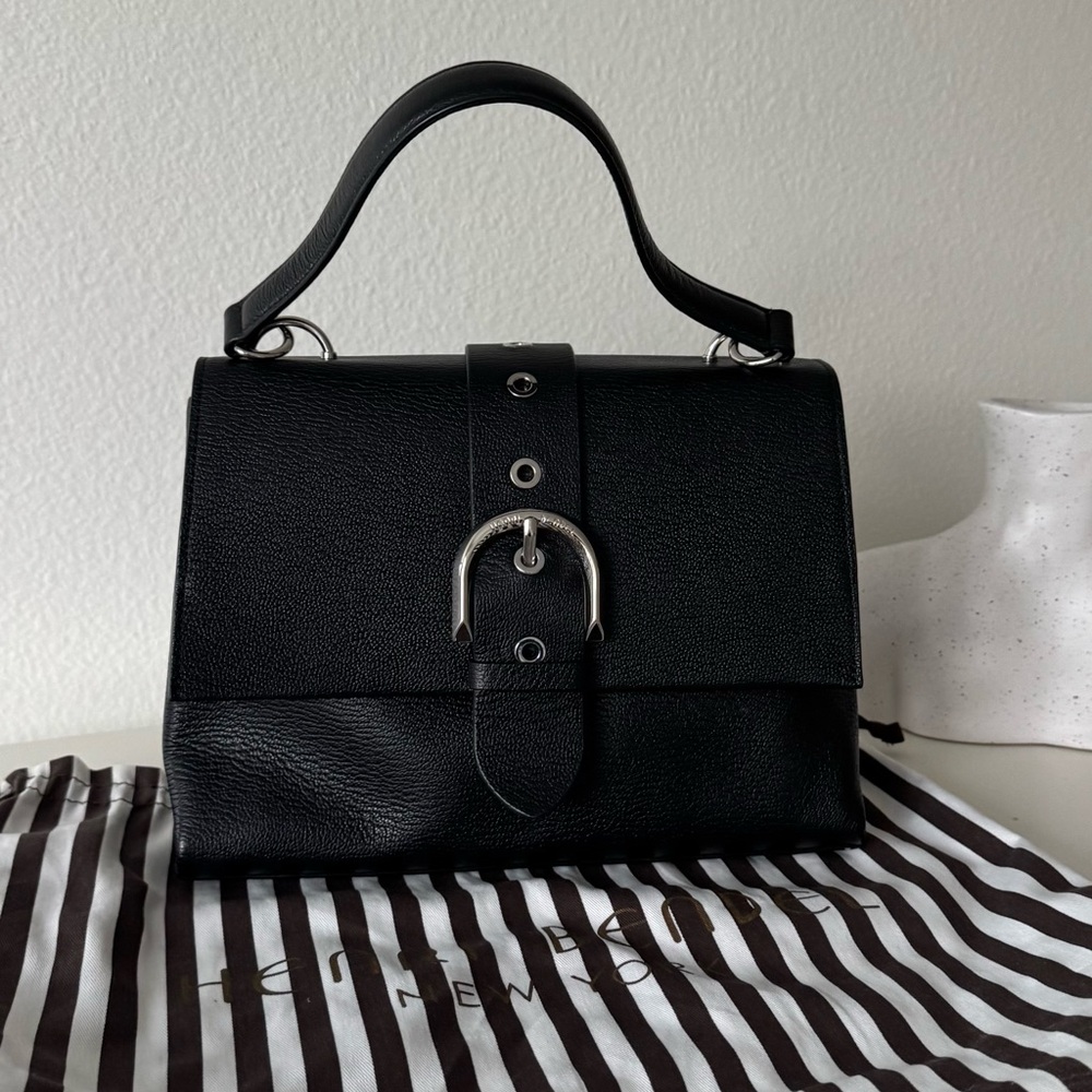 Henri Bendel Black Riverside Leather Handbag Satchel Silver Buckle